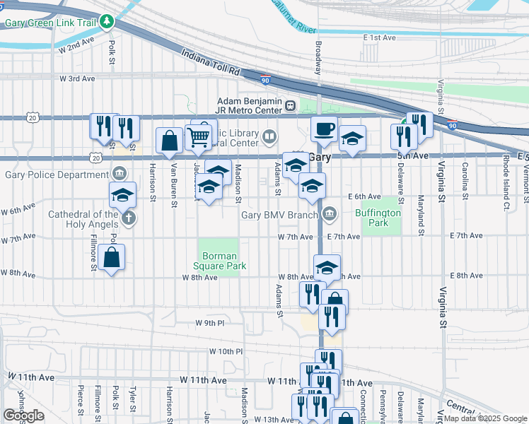map of restaurants, bars, coffee shops, grocery stores, and more near 625 Jefferson Street in Gary