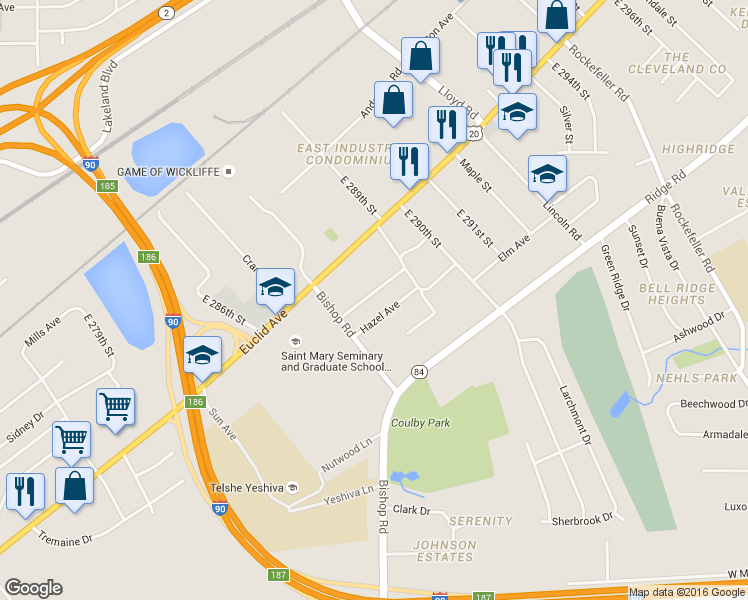 map of restaurants, bars, coffee shops, grocery stores, and more near 28806 Alton Road in Wickliffe