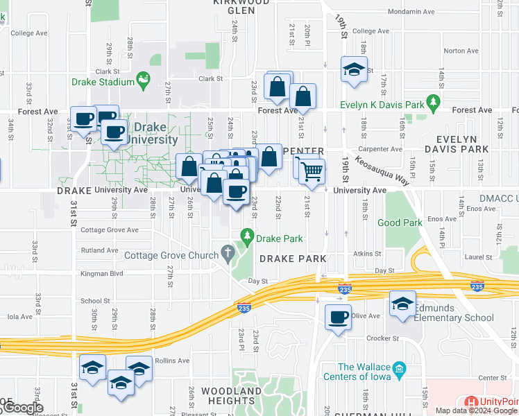 map of restaurants, bars, coffee shops, grocery stores, and more near 1153 23rd Street in Des Moines