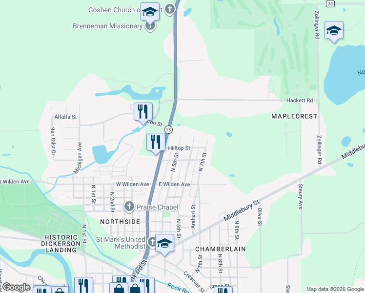 map of restaurants, bars, coffee shops, grocery stores, and more near 1014 N 5th St in Goshen
