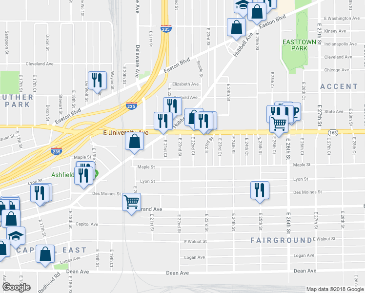 map of restaurants, bars, coffee shops, grocery stores, and more near 909 East 22nd Street in Des Moines