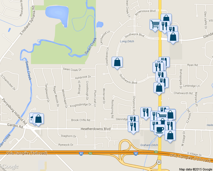 map of restaurants, bars, coffee shops, grocery stores, and more near 2215 Winterset Drive in Toledo