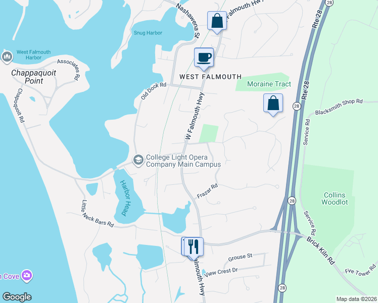 map of restaurants, bars, coffee shops, grocery stores, and more near 545 West Falmouth Highway in Falmouth