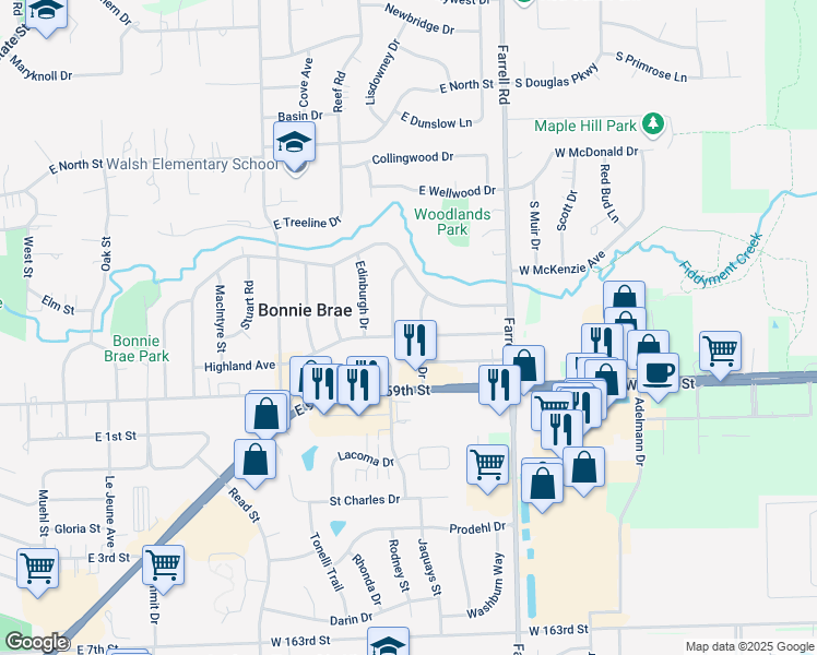 map of restaurants, bars, coffee shops, grocery stores, and more near 1220 Highland Avenue in Lockport