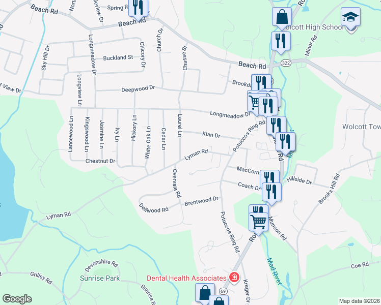 map of restaurants, bars, coffee shops, grocery stores, and more near 56 Lyman Road in Wolcott
