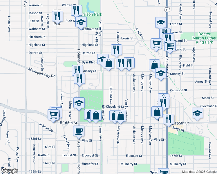 map of restaurants, bars, coffee shops, grocery stores, and more near 6252 Garfield Avenue in Hammond
