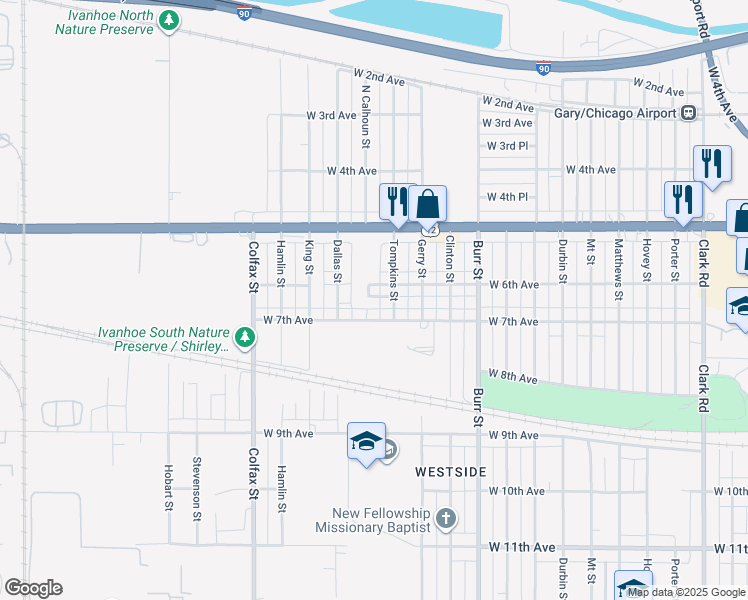 map of restaurants, bars, coffee shops, grocery stores, and more near 621 Calhoun Street in Gary