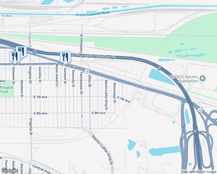 map of restaurants, bars, coffee shops, grocery stores, and more near 643 Martin Luther King Drive in Gary