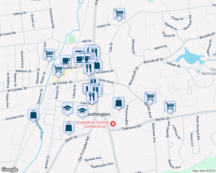 map of restaurants, bars, coffee shops, grocery stores, and more near 58 Berlin Avenue in Southington