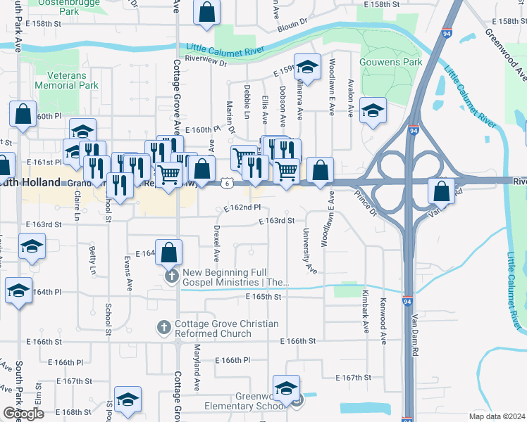 map of restaurants, bars, coffee shops, grocery stores, and more near 16246 Dobson Avenue in South Holland