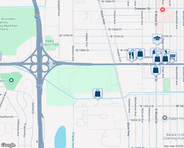 map of restaurants, bars, coffee shops, grocery stores, and more near 15940 Irving Avenue in Harvey