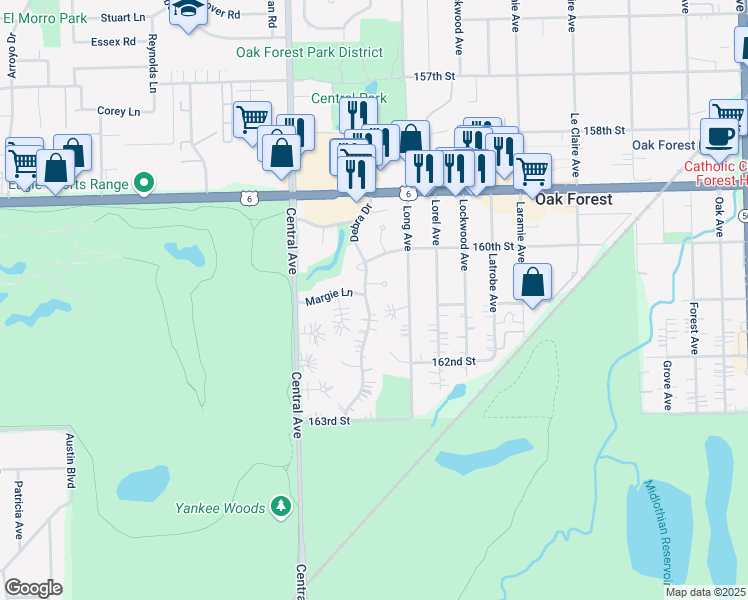 map of restaurants, bars, coffee shops, grocery stores, and more near 5443 Margie Lane in Oak Forest
