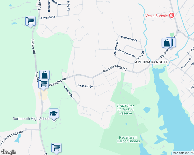 map of restaurants, bars, coffee shops, grocery stores, and more near 390 Russells Mills Road in Dartmouth