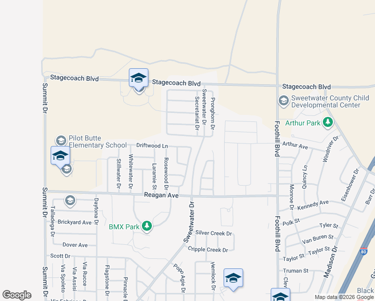map of restaurants, bars, coffee shops, grocery stores, and more near 2622 Driftwood Ln in Rock Springs
