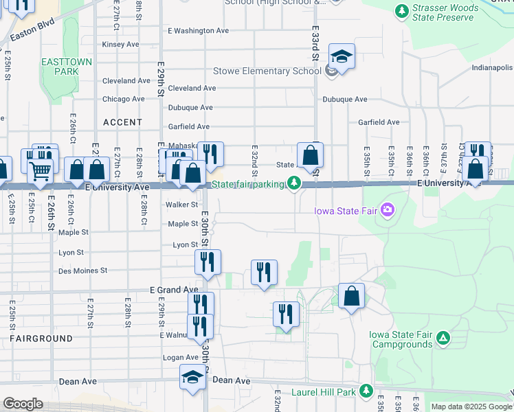 map of restaurants, bars, coffee shops, grocery stores, and more near 3000 East Grand Avenue in Des Moines