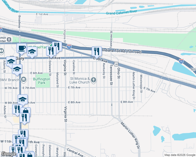 map of restaurants, bars, coffee shops, grocery stores, and more near 631 Vermont Street in Gary