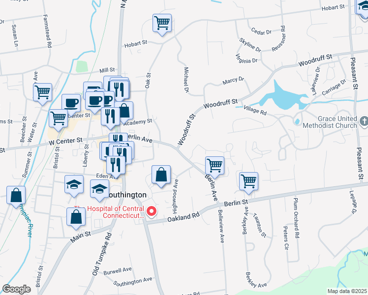 map of restaurants, bars, coffee shops, grocery stores, and more near 7 Woodruff Street in Southington