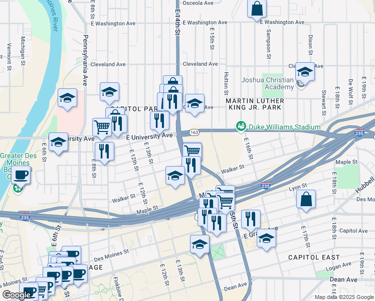 map of restaurants, bars, coffee shops, grocery stores, and more near 1401 Fremont Street in Des Moines