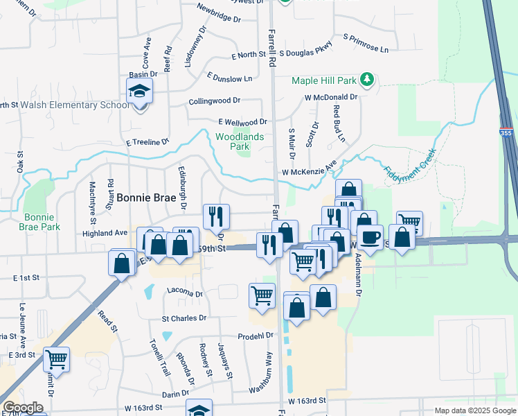 map of restaurants, bars, coffee shops, grocery stores, and more near 1316 Highland Avenue in Lockport