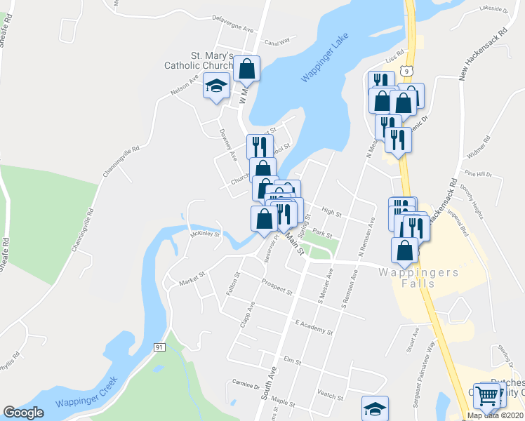 map of restaurants, bars, coffee shops, grocery stores, and more near 2672 West Main Street in Wappingers Falls