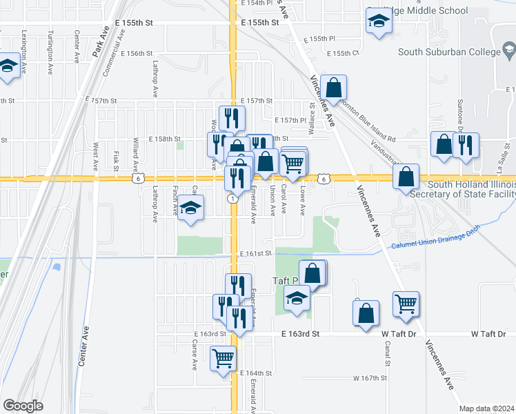 map of restaurants, bars, coffee shops, grocery stores, and more near 15945 Emerald Avenue in Harvey