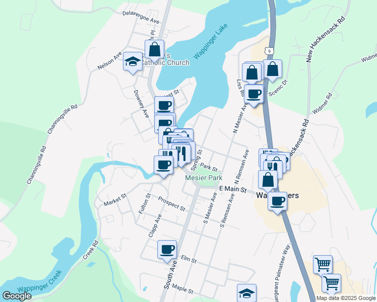 map of restaurants, bars, coffee shops, grocery stores, and more near 20 Mill Street in Wappingers Falls