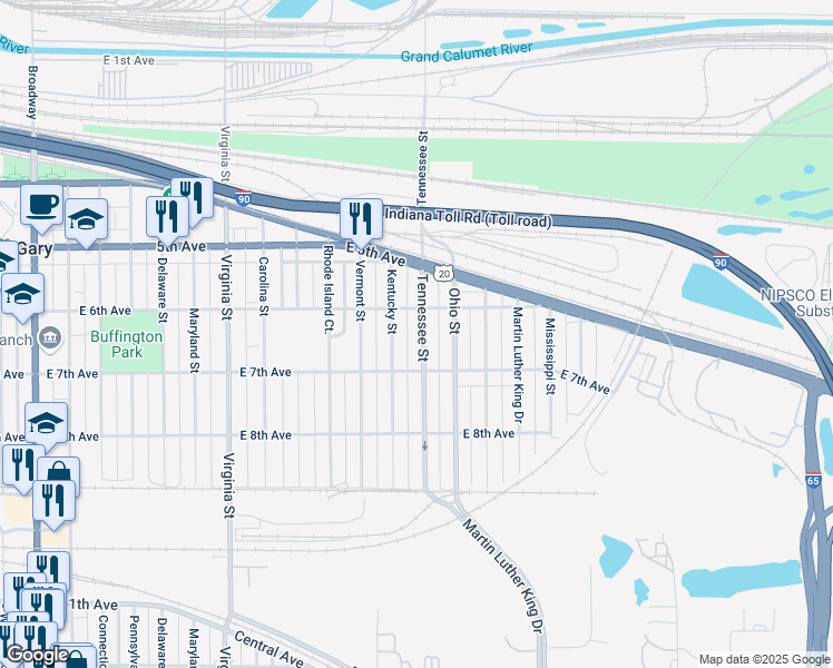 map of restaurants, bars, coffee shops, grocery stores, and more near 632 Tennessee Street in Gary