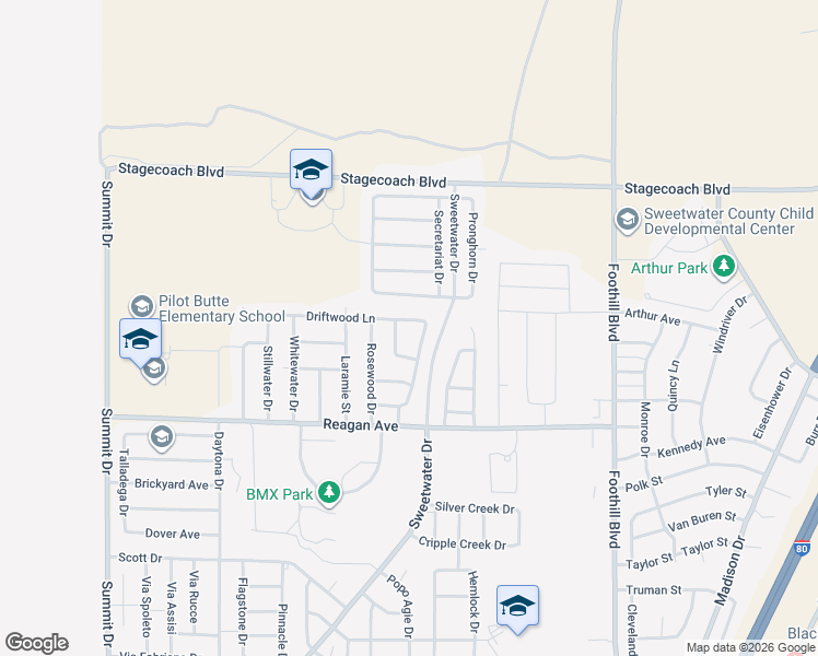 map of restaurants, bars, coffee shops, grocery stores, and more near 2622 Driftwood Ln in Rock Springs