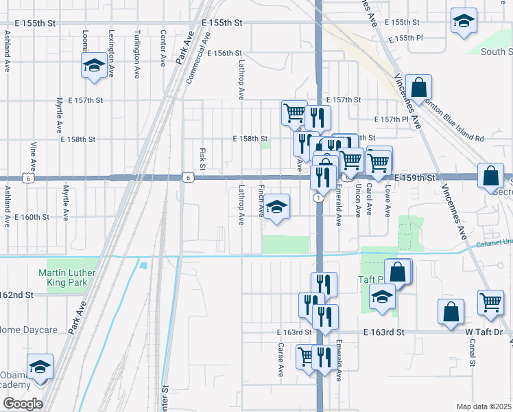 map of restaurants, bars, coffee shops, grocery stores, and more near 15934 Finch Avenue in Harvey