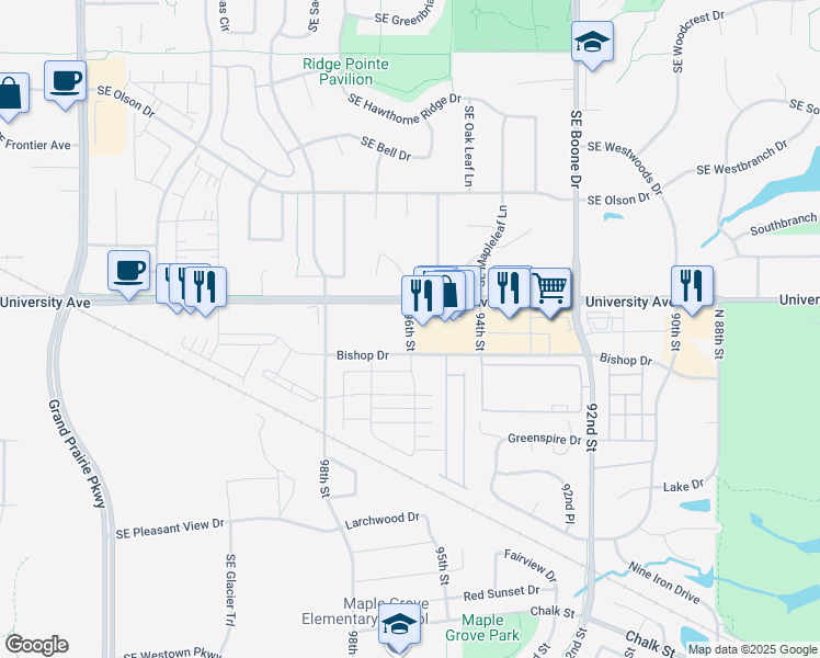 map of restaurants, bars, coffee shops, grocery stores, and more near 1849 96th Street in Waukee