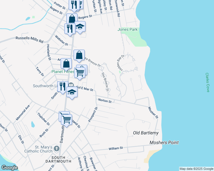 map of restaurants, bars, coffee shops, grocery stores, and more near 38 Sea Breeze Street in Dartmouth
