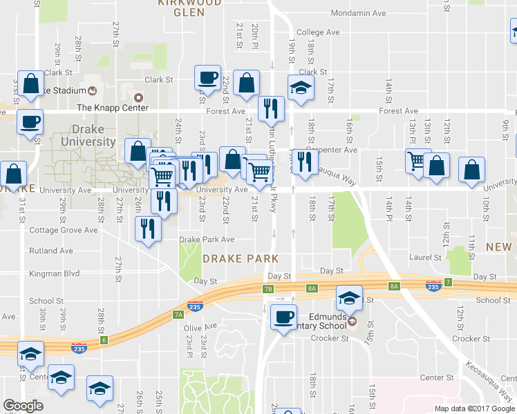map of restaurants, bars, coffee shops, grocery stores, and more near 1162 21st Street in Des Moines
