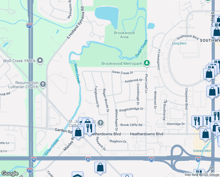 map of restaurants, bars, coffee shops, grocery stores, and more near 2225 Whitechapel Drive in Toledo