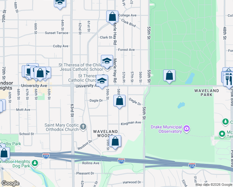 map of restaurants, bars, coffee shops, grocery stores, and more near 1144 58th Street in Des Moines
