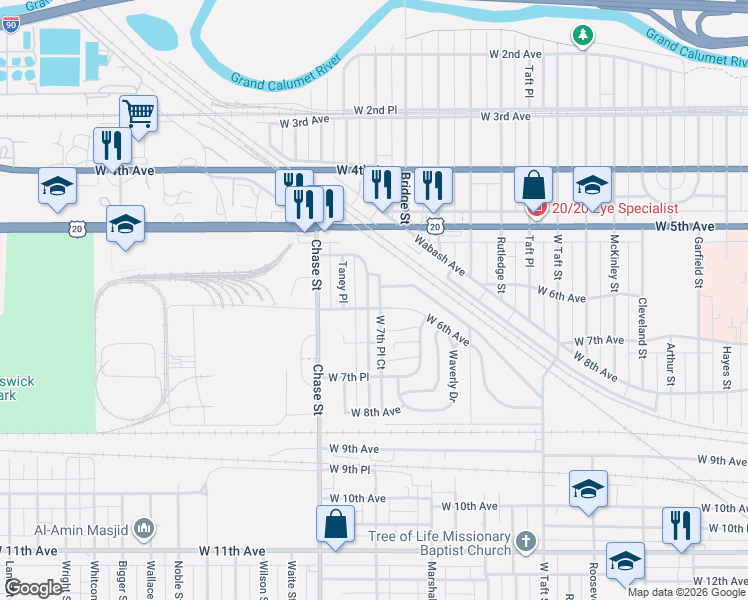 map of restaurants, bars, coffee shops, grocery stores, and more near 589 Taney Street in Gary