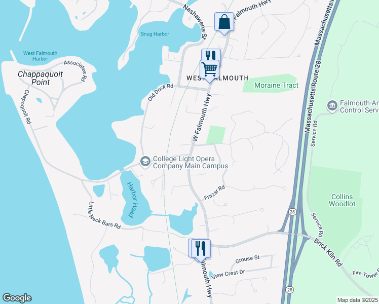 map of restaurants, bars, coffee shops, grocery stores, and more near West Falmouth Highway in Falmouth
