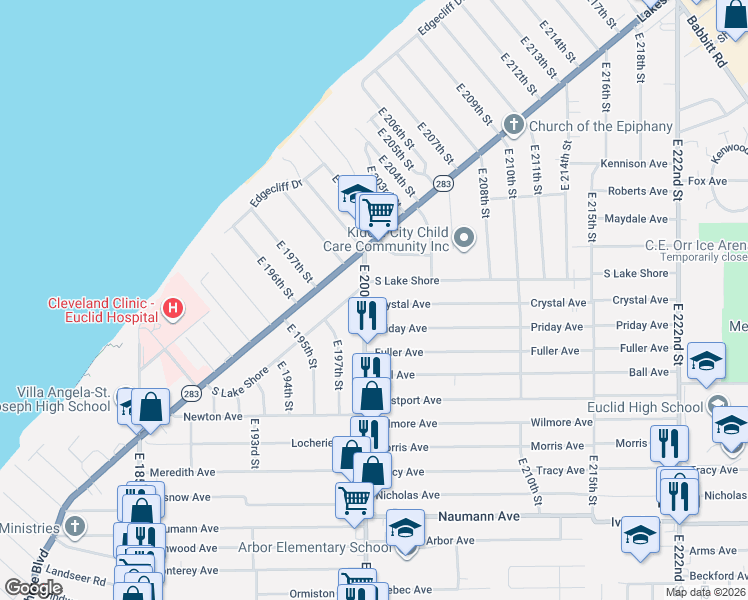 map of restaurants, bars, coffee shops, grocery stores, and more near 261 East 200th Street in Cleveland
