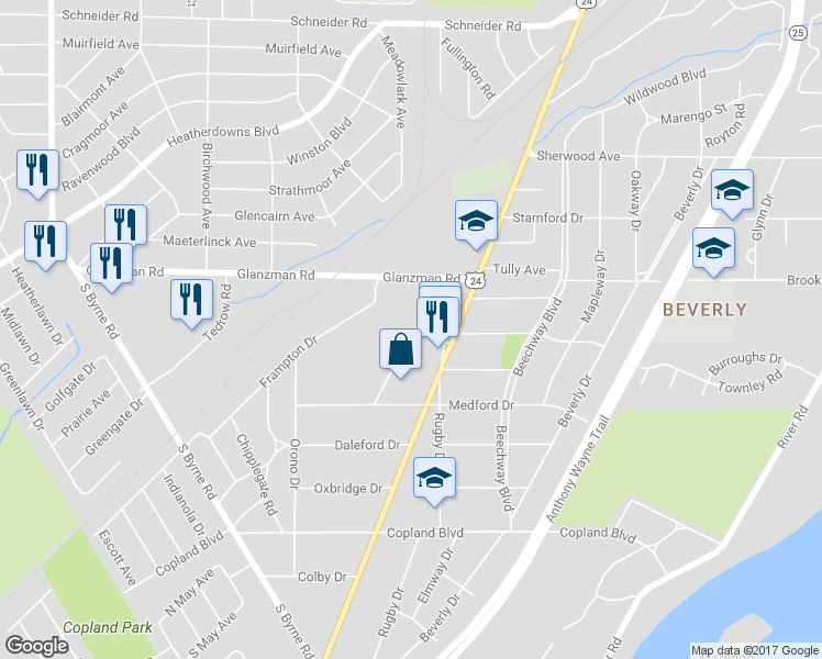 map of restaurants, bars, coffee shops, grocery stores, and more near 2841 Terrace Downs Street in Toledo