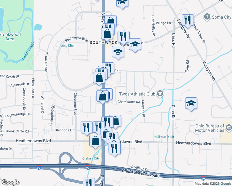 map of restaurants, bars, coffee shops, grocery stores, and more near 2221 Foxbourne Road in Toledo