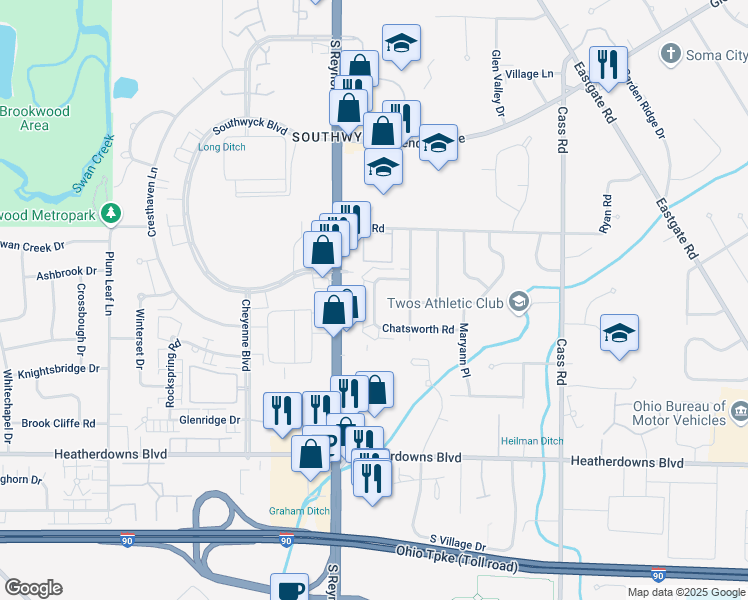 map of restaurants, bars, coffee shops, grocery stores, and more near 2221 Foxbourne Road in Toledo