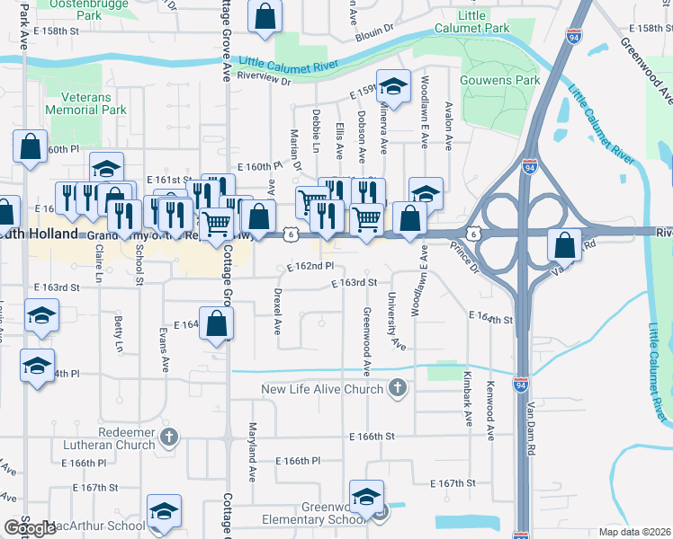 map of restaurants, bars, coffee shops, grocery stores, and more near 16246 Dobson Avenue in South Holland