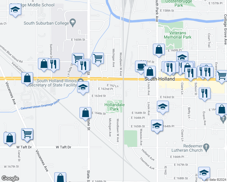 map of restaurants, bars, coffee shops, grocery stores, and more near 141 East 163rd Street in South Holland
