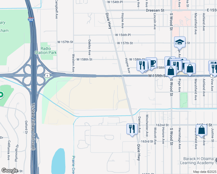 map of restaurants, bars, coffee shops, grocery stores, and more near 14826 Leavitt Avenue in Harvey