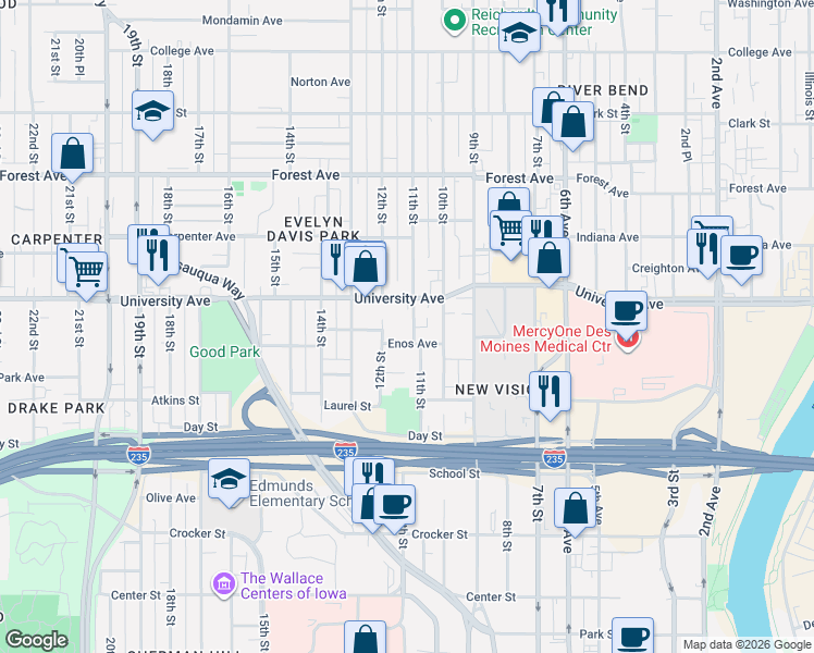 map of restaurants, bars, coffee shops, grocery stores, and more near 1167 11th Street in Des Moines