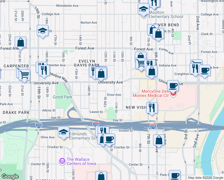 map of restaurants, bars, coffee shops, grocery stores, and more near 1167 11th Street in Des Moines