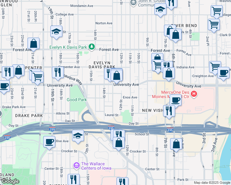 map of restaurants, bars, coffee shops, grocery stores, and more near 1168 13th Street in Des Moines