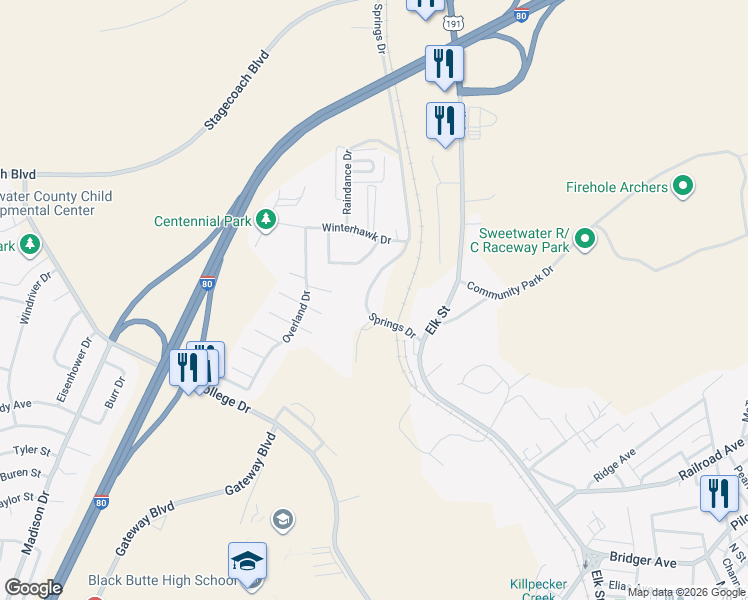 map of restaurants, bars, coffee shops, grocery stores, and more near 4000 Springs Drive in Rock Springs
