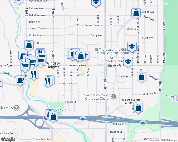map of restaurants, bars, coffee shops, grocery stores, and more near 1145 65th Street in Windsor Heights