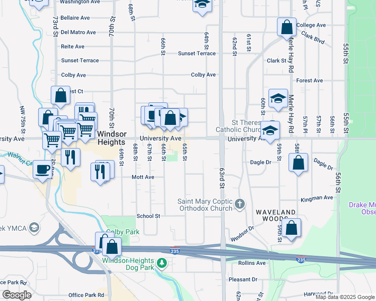 map of restaurants, bars, coffee shops, grocery stores, and more near 1145 65th Street in Windsor Heights