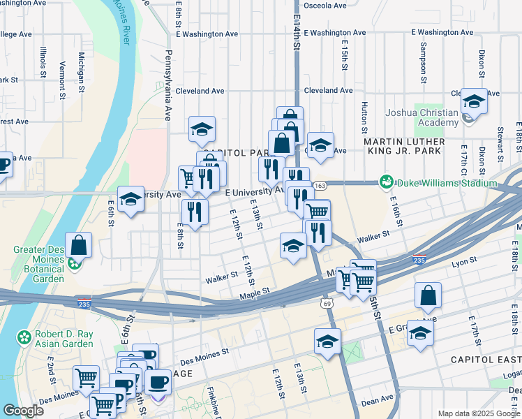 map of restaurants, bars, coffee shops, grocery stores, and more near 1107 East 13th Street in Des Moines